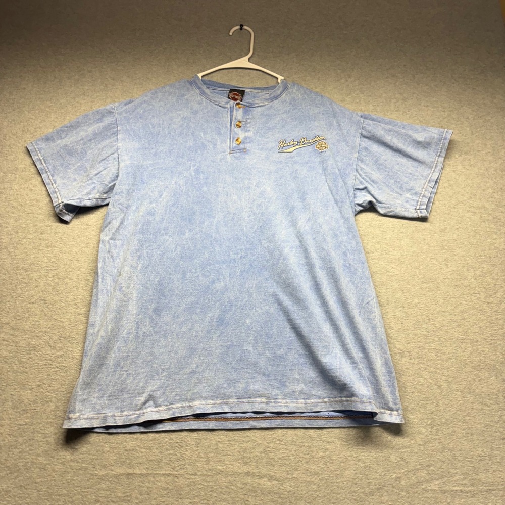 Vintage 1997 Harley Davidson Rochester MN Henley Shirt Mens L Blue Acid Wash 90s